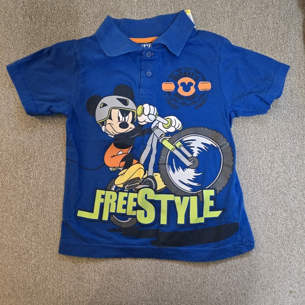 Mickey Mouse Polo for Kids Blue Freestyle Bike Tshirt Tee Park Short Sleeve Sz 7